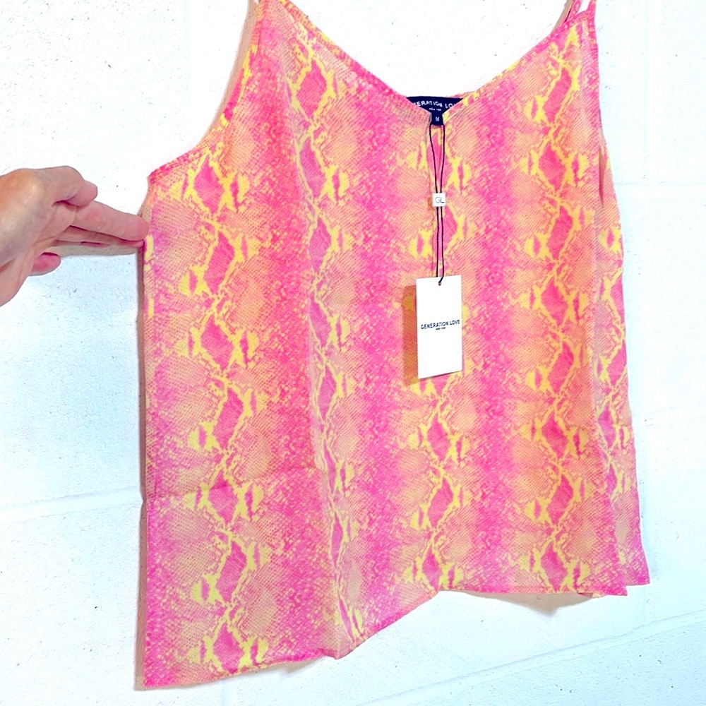 NWT 100% silk GENERATION LOVE pale pink yellow snake print camisole L size